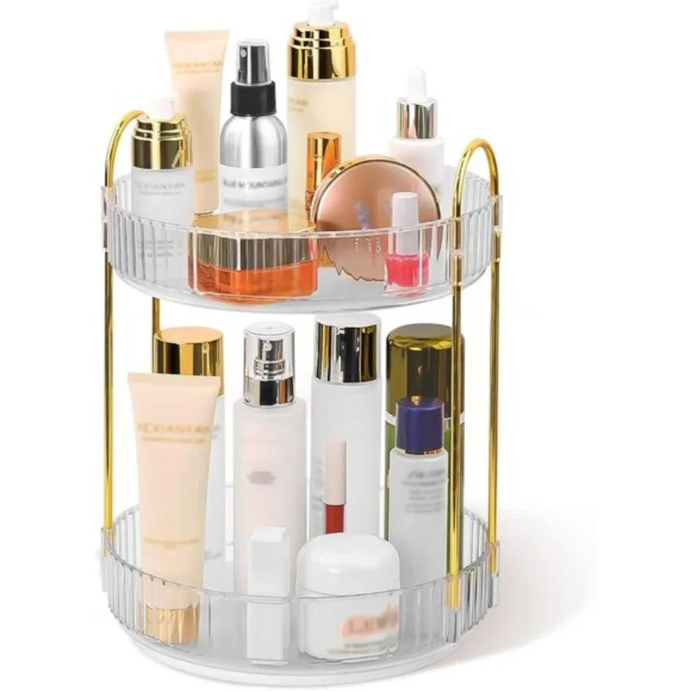 New 360° Spinning Makeup Organizer, 2-Tier Rotating Cosmetic Holder for Vanity